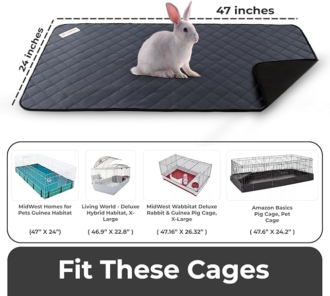 Washable Rabbit & Guinea Pig Cage Liner & Bedding for Midwest (24"x47"), Easy to Clean Unlike Fleece, Waterproof, Absorbent, Non-Slip Pee Pad, Reusable Bunny Mat for Small Animals