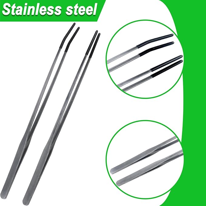 2Pcs Reptile Feeding Tong with Rubber Tip Aquarium Tweezers Stainless Steel Straight Curved Feeding Tong Long Handle Terrarium Feeder Tool for Tank Lizards Bearded Dragon Spider Snake (Silver, 15Inch)