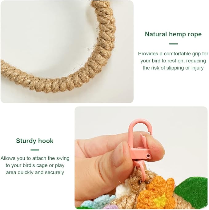 La La Pet® Bird Rope Swing with Hanging Hook Bird Rope Perch Bird Swing Perch Bird Perch Stand Bird Cage Toy for Parrot Budgie Parakeet Cockatiel Cockatoo Conure Small