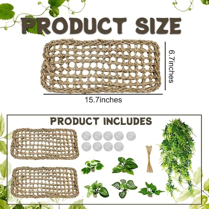 Tfwadmx 2Pcs Bearded Dragon Hammock Lizard Lounger Natural Seagrass Fiber Reptile Habitat Decor with Vine Plant for Hermit Crabs Geckos Snakes