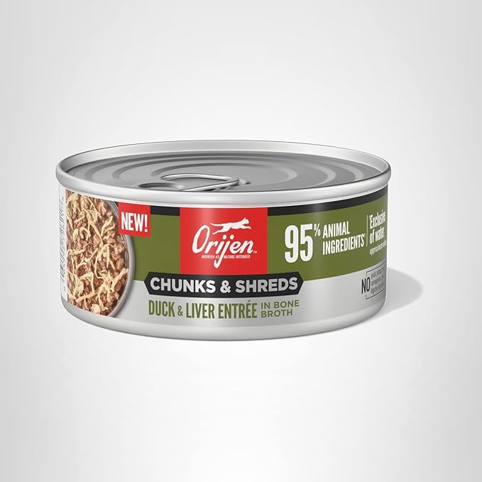 ORIJEN Chunks & Shreds Wet Cat Food Duck & Liver Entrée 5.5oz Cans (6 Count)