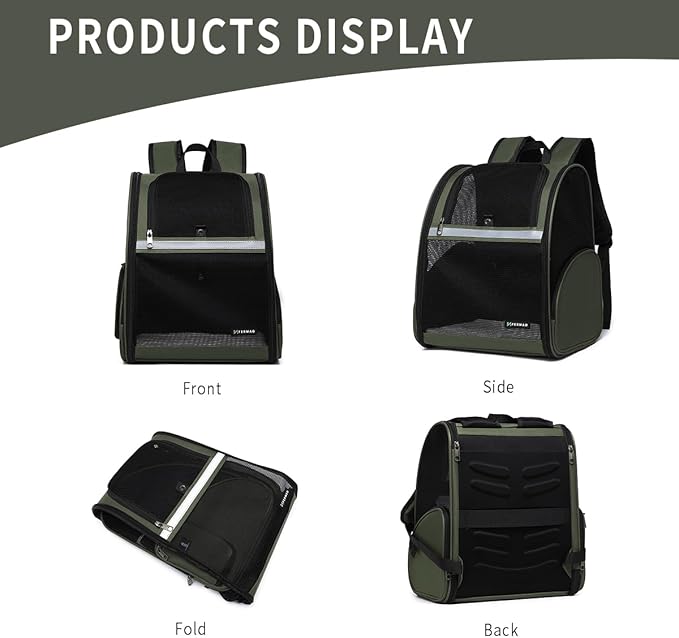 Cat Backpack Carrier for Small Dogs and Medium cat Puppy Kitten Bunny Pet Carrier Backpack Collapsible with Fully Ventilated Mesh with Safety Leash (DarkGreen, 12.9" L x 10.62" W x 15.5" H - M)