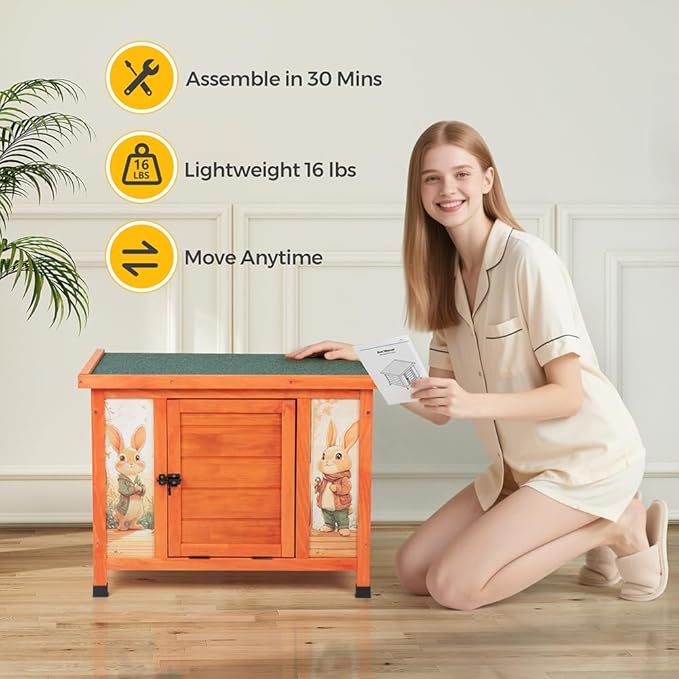 COZIWOW 24 Inch Rabbit Hutch Outdoor, Weatherproof Cat House, Bunny Cage Indoor with Non-Slip Ramp, Portable Wooden Shelter for Rabbits, Feral Cats, Chicken, Duck & Other Small Animals (Orange)