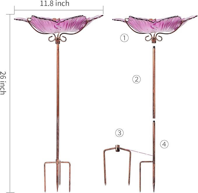 Outdoor Bird Bath Glass Birdbath Garden Birdfeeder with Metal Stake Pink(Height:26inch)