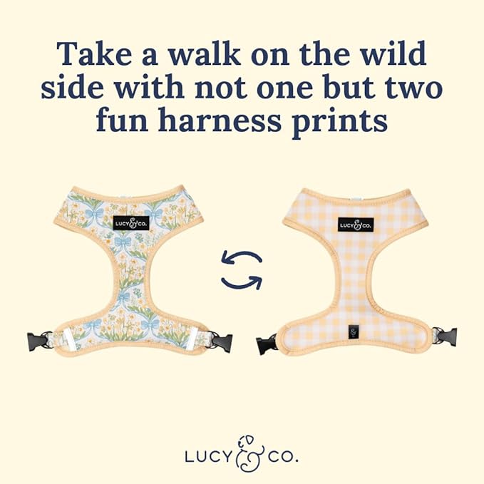 Lucy & Co. Sunshine and Daffodils Reversible Dog Harness, Adjustable Comfort Fit with Dual Leash Attachments, Medium
