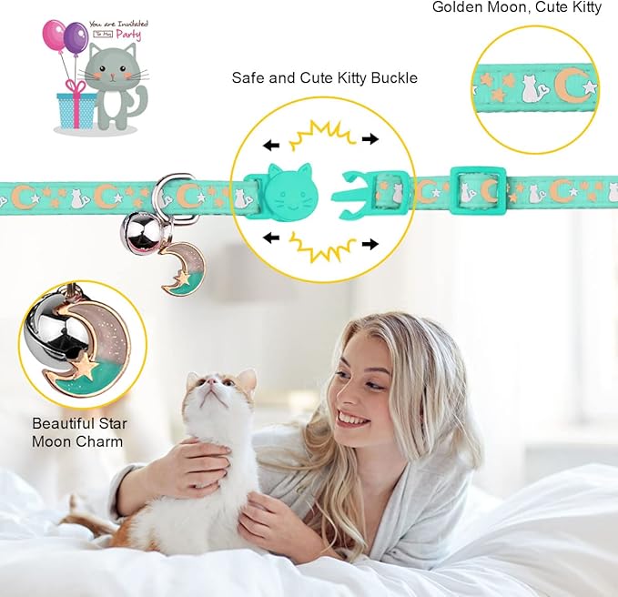 Baeuppit 2PCS Breakaway Cat Collars with Bell Moons Stars Cute Kitty Adjustable Safe Kitten Collars with Pendant Glow in The Dark(Pink&Teal)