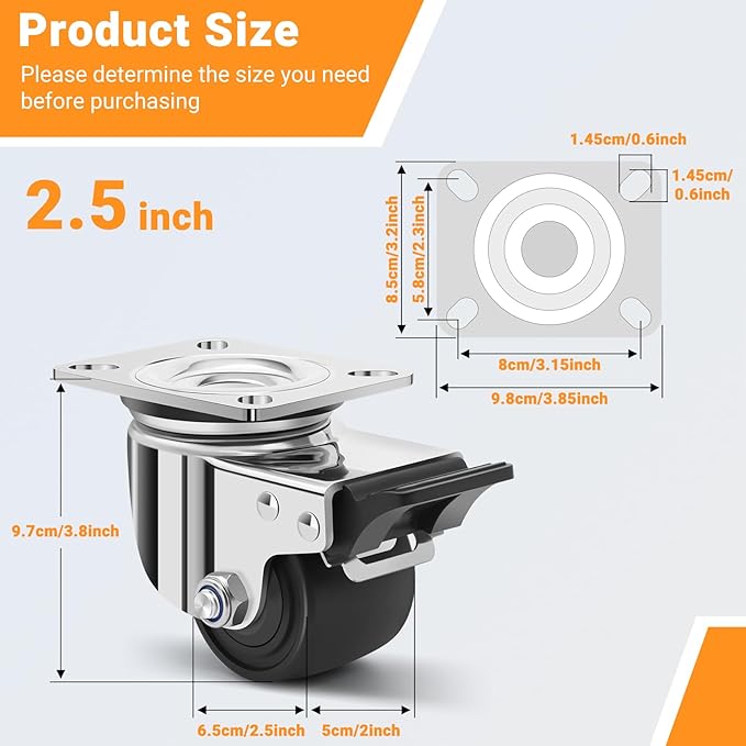 Nefish 2.5 Inch Heavy Duty Stainless Steel Low Gravity Casters, SUS 304 Industrial Grade Stainless Steel Caster Wheels with Brakes, Durable Castors Set of 4 with Nylon Wheels for Industrial, Equipment