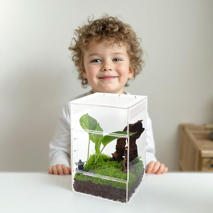 Jumping Spider Enclosure - Acrylic Terrarium Habitat for Spiders, Tarantulas, Snail, Mantis, Lizard, and Small Reptiles, Dual Sliding Doors (5.7x5.7x9 inch)