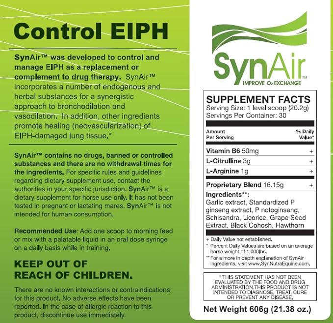 SynNutra Equine SynAir – Natural EIPH Management & Lung Support for Horses – Drug-Free Formula to Promote Airway Health & Recovery – Made in USA