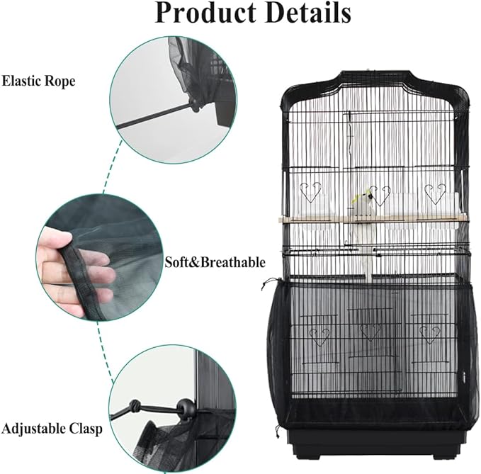 ASOCEA Bird Cage Seed Catcher,Universal Bird Cage Cover Skirt,Adjustable Parakeet Cage Nylon Mesh Netting for Round Square Cages Prevent Scatter and Mess- Black 78.7Inch (Not Include Birdcage)