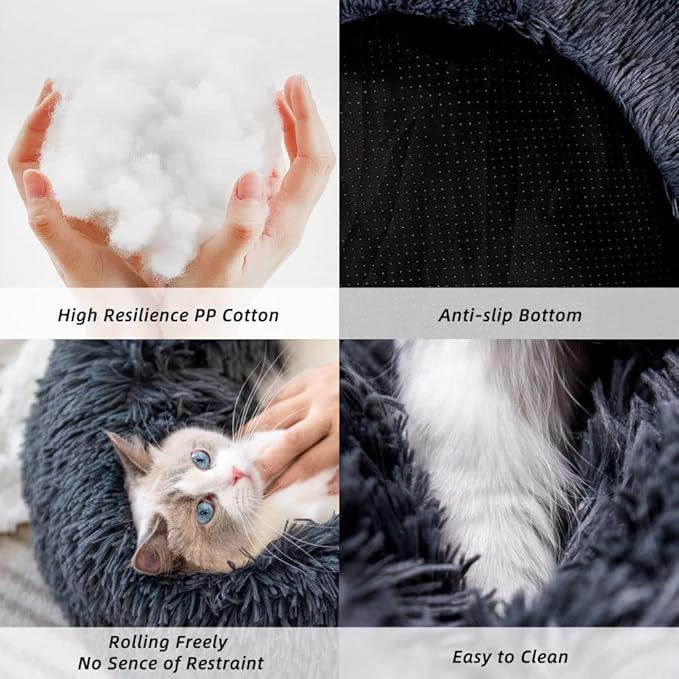 Original Calming Donut Dog and Cat Bed in Shag Fur, Dog Beds for Melium Dogs, Anti Anxiety Round Fluffy Plush Faux Fur Pet Bed (Dark Grey, XX-Large)