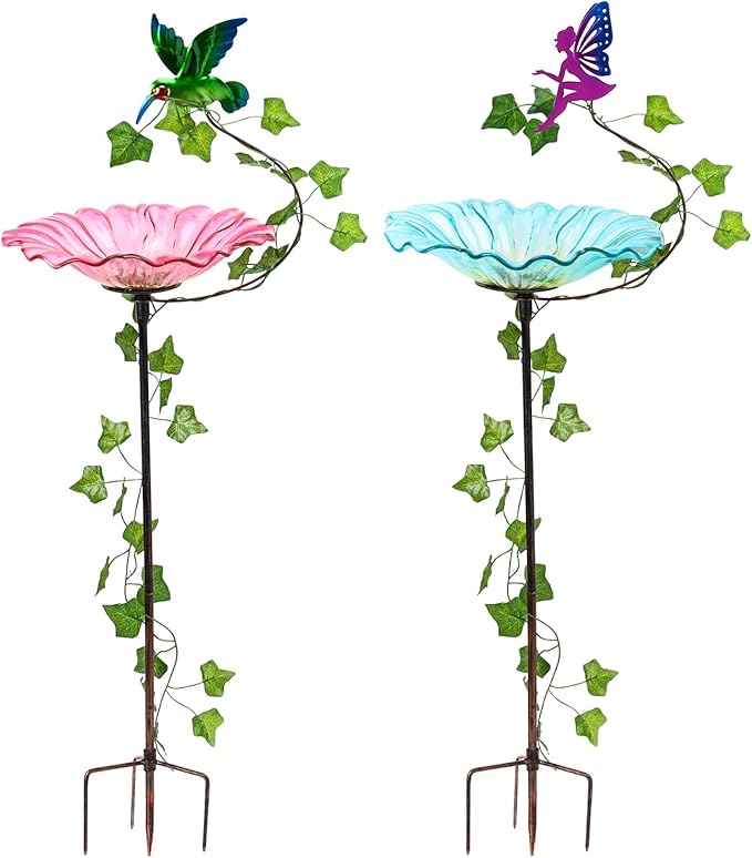 MUMTOP Bird Baths for Outdoors, 2 Pack Glass Bird Bath Stake, Hummingbird and Fairy Birdbaths & Support with Leafs, Bee Baths for Garden, Outside, Lawn, Outdoor Decor (Blue,Pink)