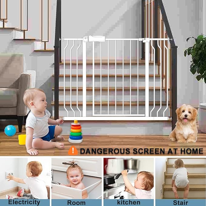 57.5-62" Extra Wide Baby Gate for Doorways,30" Tall Double Lock Mechanism Metal Dog Gate Pressure Mount，Automatic Closing Child Safety Gate,White
