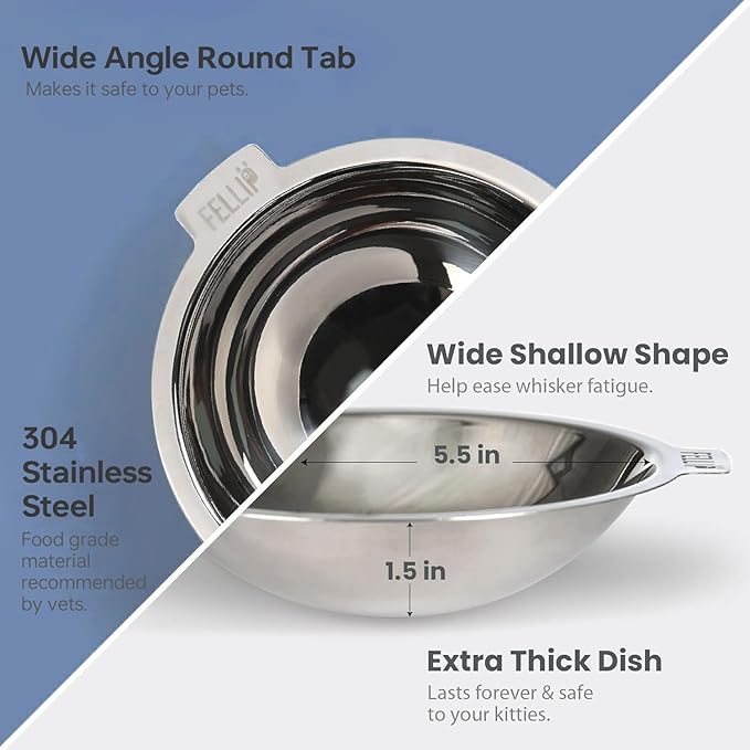 Felli Oblik Elevated Cat Food Bowls 304 Stainless Steel Removable Flat Dish for Whisker Fatigue & Dishwasher Easy Clean, Raised Tilted Stand Non Slip + Wide Metal Plate Anti Vomit (0.5Cup, Shadow)