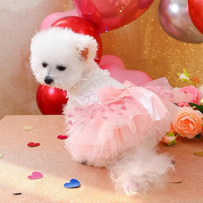 Dog Princess Dress with Heart Patterns & Bow Puppy Clothes for Small Dogs Girl Fancy Cat Birthday Outfit Pet Wedding Dresses(Pink White, Large)