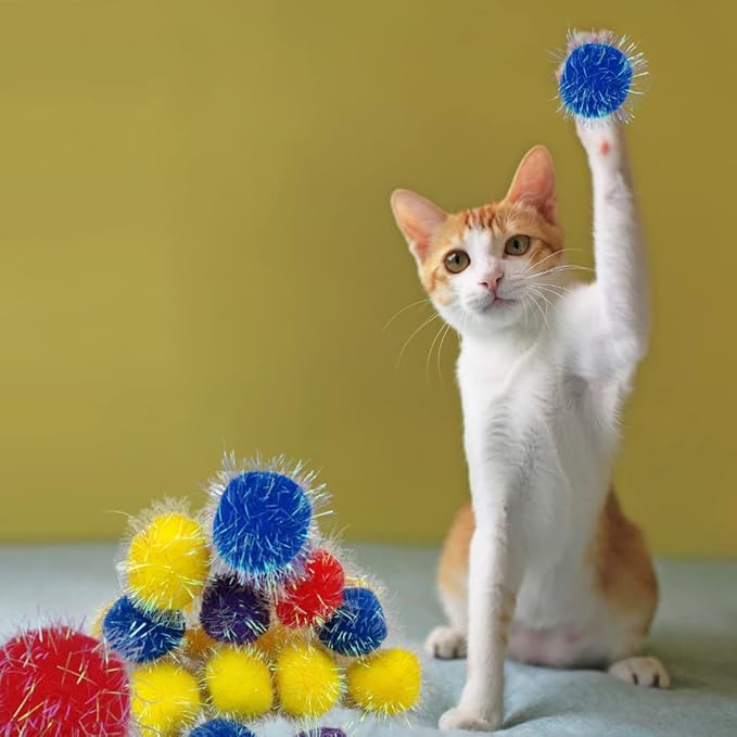 20 Pieces 2 inches Sparkle Pom Pom Balls for Cat - Interactive Glitter Balls, Multicolor, Best as Kitten Play Toys