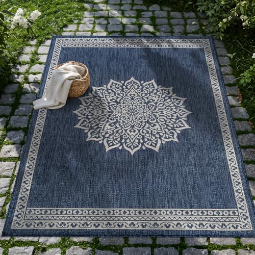 Outdoor Rug 6x9 Medallion Blue Modern Area Rugs for Indoor and Outdoor Patios Kitchen and Hallway Mats Washable Porch Deck Outside Carpet (60 Sq Ft)