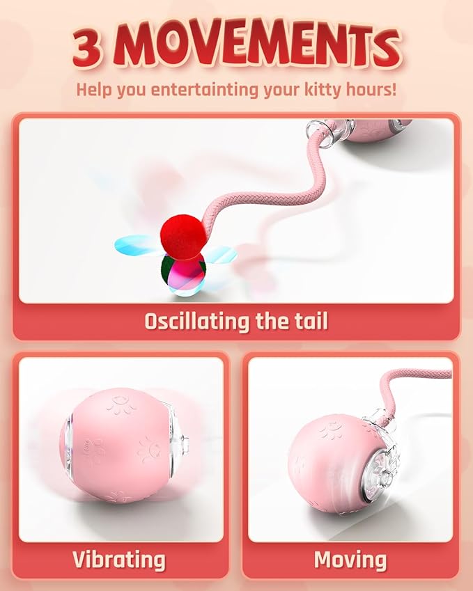 Interactive Cat Toys for Indoor Cats, 2025 Upgraded 360° Anti-chew Safe Material Moving Cat Ball with Tail, Interactive Cat Toys for Bored Indoor Adult Cats to Keep Them Busy (Pink, 2.2in)