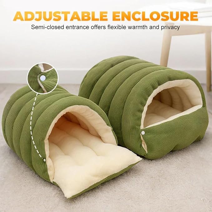 CutyPet Winter Cave,Warmth Cozy Comfort Plush Pet Cave,Cute Cozy Safe Hideaway Cat Bed with Removable Cushion,Warm Soft Removable Washable for Cats and Dogs (Green Plaid, M: 18.89 * 11.81 * 7.87 in)