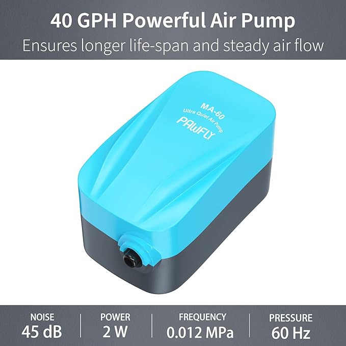 Pawfly Aquarium Compact Air Pump 15-40 GPH Quiet Oxygen Pump for 3-20 Gallon Fish Tanks Aerator Pump with Air Stone Disc Nano Bio Sponge Filter Airline Tubing and Check Valve Accessories