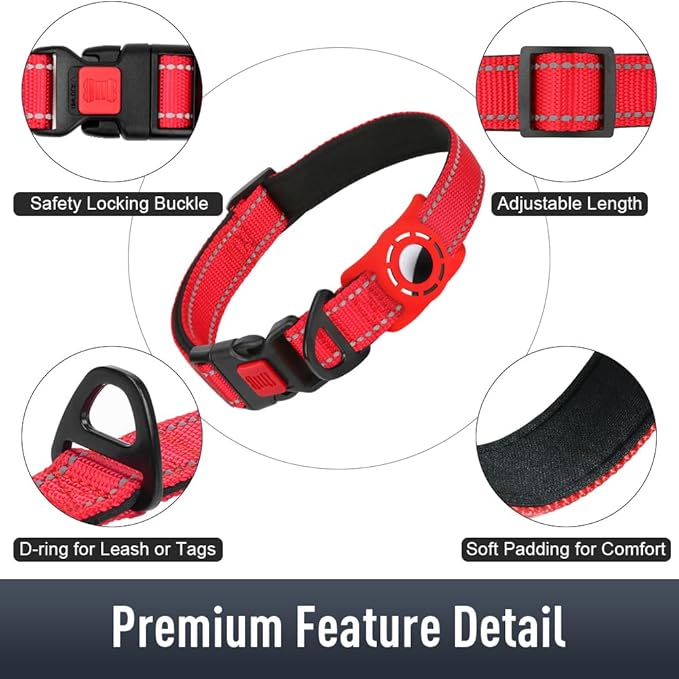 Airtag Dog Collar with AirTag Holder for Small Dogs, Reflective, Soft Padded & Safety Locking Buckle, Nylon Pet Collars Adjustable for All Breeds, Red,S
