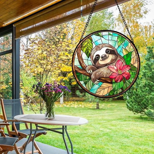Stained Glass Window Hanging Sloth Flower Suncatcher Gifts for Women 9.8"