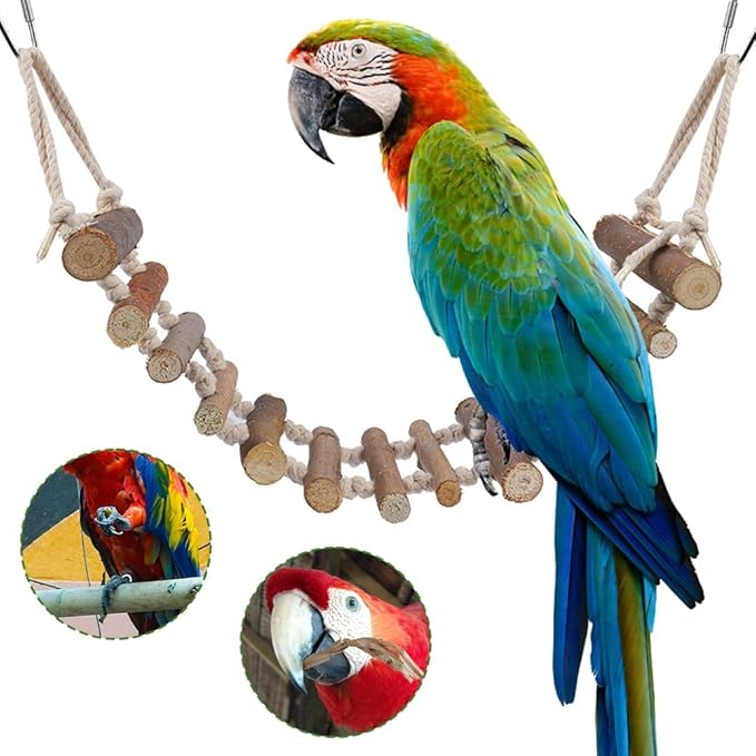 Joyzan Rope Ladder Bird Toy, Wood Stairs Climbing Activity Attachment Natural Wooden Step Swing Hanging Chewing Pet Bridge Cage Birdcage Lovebirds Rodent Parakeet Parrot Cockatiel Gecko Hermit Crab