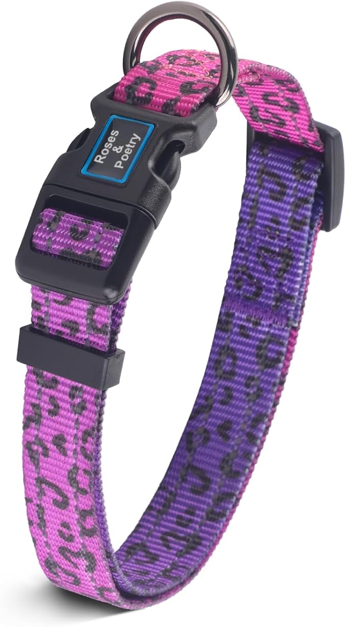 Roses&Poetry Dog Collars for Medium Dogs, Leopard Print Puppy Collar Adjustable Nylon Pet Collar Durable Reflective for Small Medium Large Dogs(Rose-Leopard M)