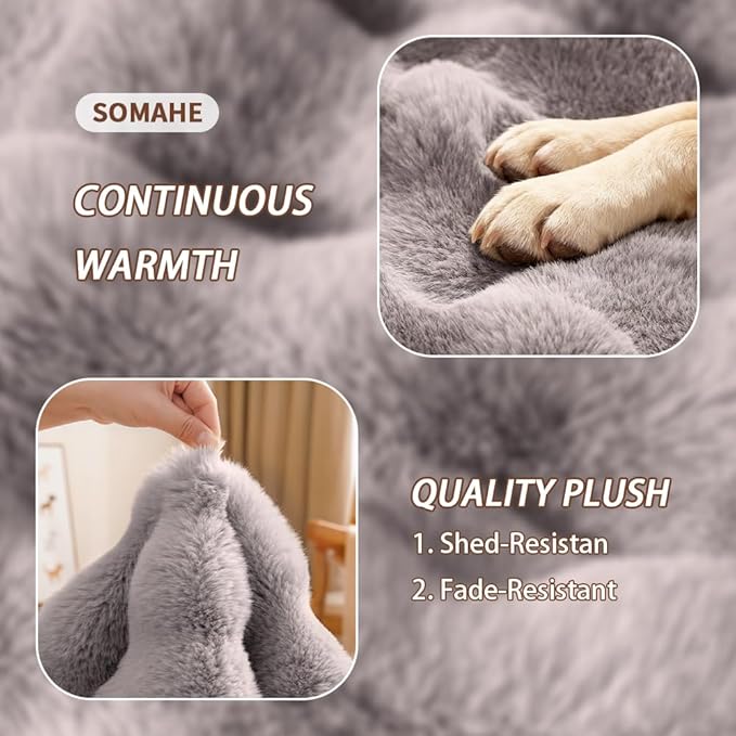 Self-Warming Cat Bed, Plush Faux Fur Pet Bed Mat with Anti-Slip Bottom, Ultra Soft Heated Bed for Cats & Medium Dogs, Cozy Fluffy Pad for Couch & Crate, Machine Washable, 27x20 Inch Grey
