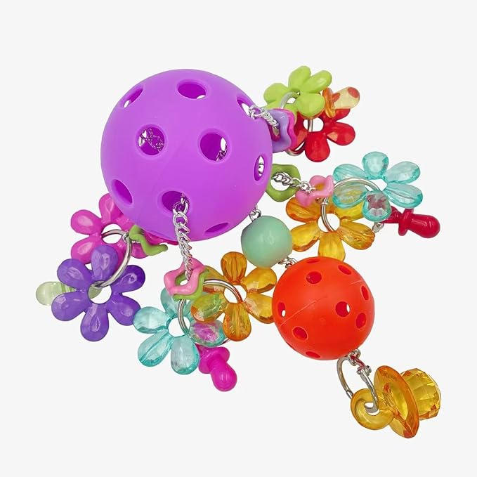 Pullable Bird Plastic Ball Toys with Acrylic Pacifiers and Flowers, Colorful Parrot Toys for Medium and Large Parrot Quaker Monk Parakeet Sun Conures (Purple)