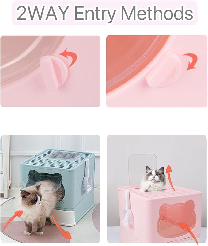 Top Entry Cat Litter Box with Lid, Anti-Splash Foldable Cat Litter Box with Activated Carbon Keeping Air Fresh, Drawer Type Easy to Clean, Large (Grey)