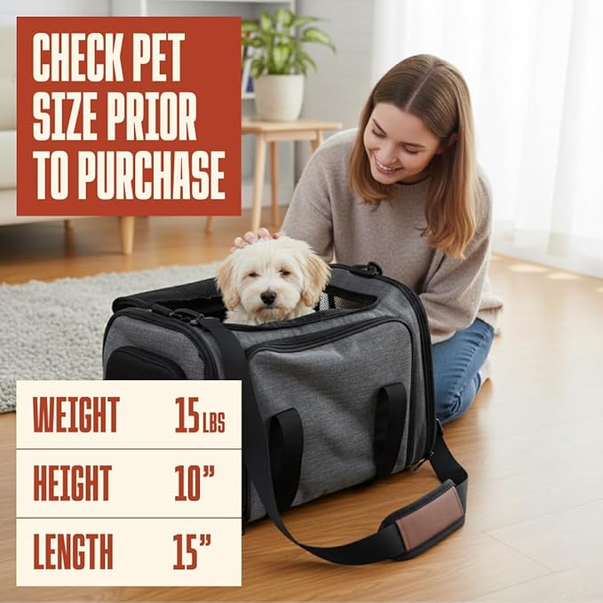 Soft Sided Pet Carrier for Small Dogs & Cats up to 9 Lbs - Breathable 100% Polyester Travel Bag with Luggage Strap & Washable Mat - Airline Approved Underseat Fit - Grey