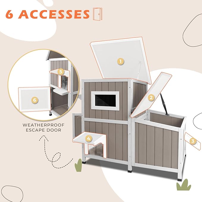 36.1" L Outdoor Cat House,2 Story Wooden Outdoor Cat Shelter with 3 Escape Doors,Weatherproof Fir Wood Feral Cat House with 2 Big Rest Rooms & Openable Asphalt Roof for 2-3 Cats