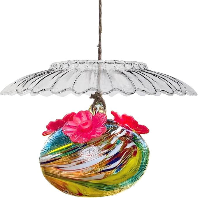 Small Glass Hummingbird Feeders for Outdoors Hanging - Hand Blown Glass Ball Nectar Feeding + Rain Cover, Multi Color with 3 Flowers Feeding Ports, Decor for Garden/Backyard Outside