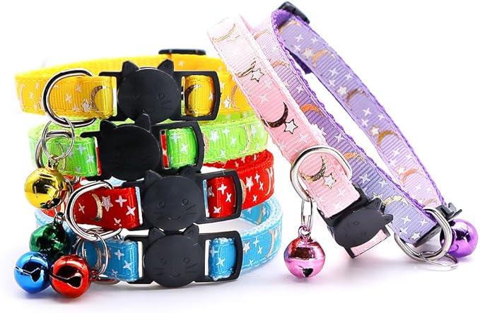 Reflective Cat Collars Breakaway with Bell 2-Pack Girl Boy Pet Kitten Collar with Star Moon Patetrn Adjustable 7.5-12.5 Inch (Pink)