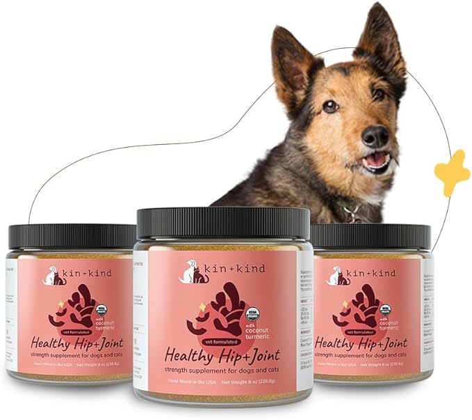 kin+kind Hip+Joint Supplement Dogs & Cats - Vet Formulated Natural Formula with Organic Turmeric, Black Pepper and Coconut- Made in USA - Bundle (3 x 8 oz)