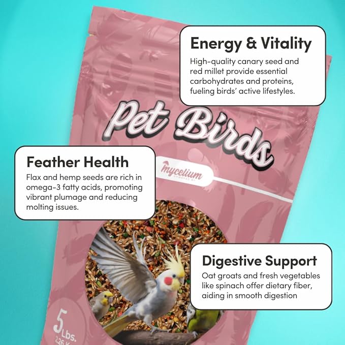 Mycelium Pet Bird Cuisine Plus | Organic Bird Seed Mix for Finch, Budgie & Cockatiel | Energy, Digestive & Immune Support with Fruits, Veggies, Egg, Flaxseed, & Vitamins | Non-GMO 5 lb Bag