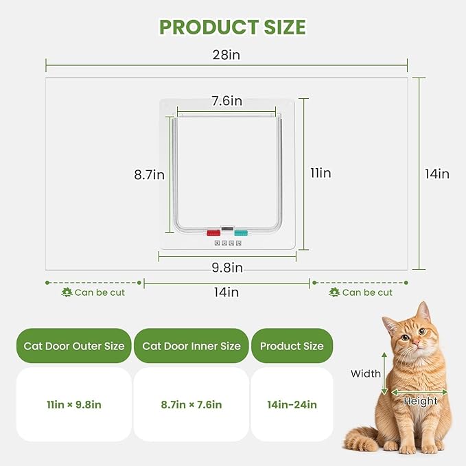 Cat Door for Window, 4 Locking Modes for Safety Cat Window Door, Fits 14"-28" Width Window, Durable Weatherproof design Cat Door, Magnetic Closure, Wider View, Pet Door With Safe & Comfortable for Cat