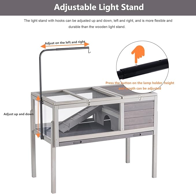 BIRASIL Wood Tortoise Enclosure with Adjustable Light Stand,2-Tier Habitat Reptile Cage with Feeding Area Swimming Area, Turtle House for Small Animals Lizards Hamster (Gray)