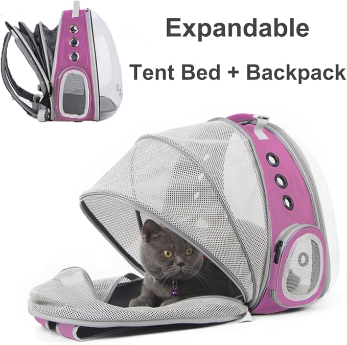 halinfer Expandable Pink Cat Backpack Carrier, Fit up to 12 lbs, Space Capsule Clear Bubble Window Pet Carrier Backpack for Kitten Bunny Rabbit and Small Puppy