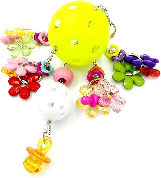 Pullable Bird Plastic Ball Toys with Acrylic Pacifiers and Flowers, Colorful Parrot Toys for Medium and Large Parrot Quaker Monk Parakeet Sun Conures (Light Green)