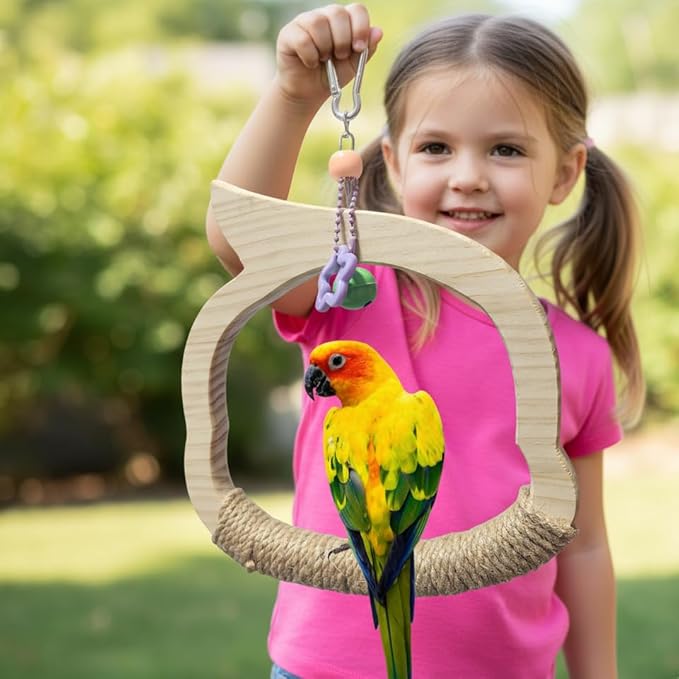 Wooden Bird Swing Perch Toy for Small and Medium Parrots, Natural Wood Ring with Bell and Rope Wrap, Hanging Cage Toy for Cockatiels, Budgies, Lovebirds, Conures