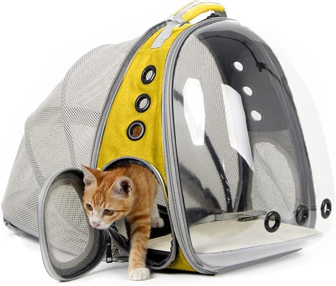 halinfer Expandable Cat Backpack Carrier, Fit up to 12 lbs, Space Capsule Astronaut Bubble Window Pet Backpack for Kitten, Bunny, Rabbit and Small Puppy Yellow