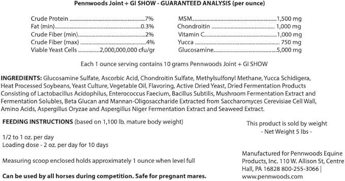 Pennwoods Equine Products Joint + GI Show - 5 LBS | Joint Health | Immune Stimulant | Horse Nutrition Supplement | Appetite Stimulant | Probiotic | Prebiotic | Digestive Enzymes | Toxin Binder