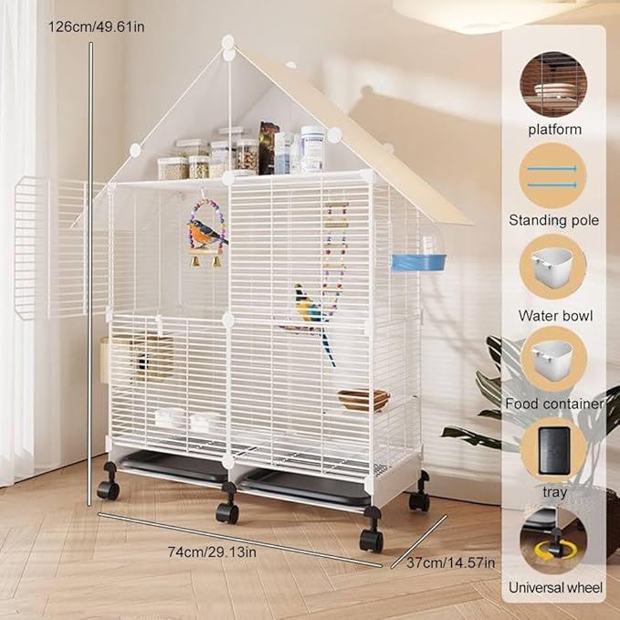 House Shape Bird Cage with Rolling Stand - Large 2 Tier Iron Bird Cage with Lock, Spacious Flight Habitat for Parakeets & Cockatiels, Easy Mobility Safe Home for Small Birds