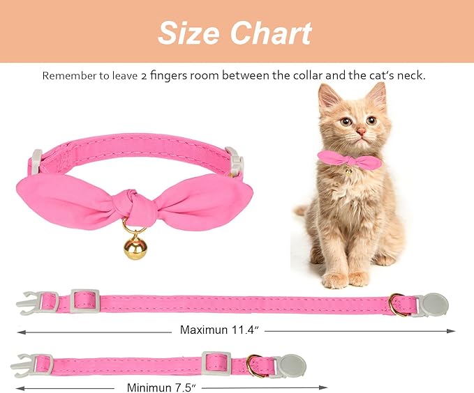 Bunny Ear Cat Collar with Bell and Bow Tie, Breakaway Cute Bowtie Kitten Collars(Hot Pink)