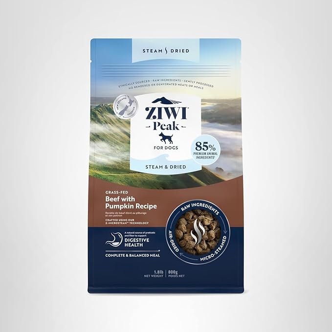 ZIWI Peak Steam & Dried Dog Food - Grass-fed Beef w/Pumpkin - High Protein, Low Carb, All Breeds & Lifestages, for Digestive Health (28.8oz)
