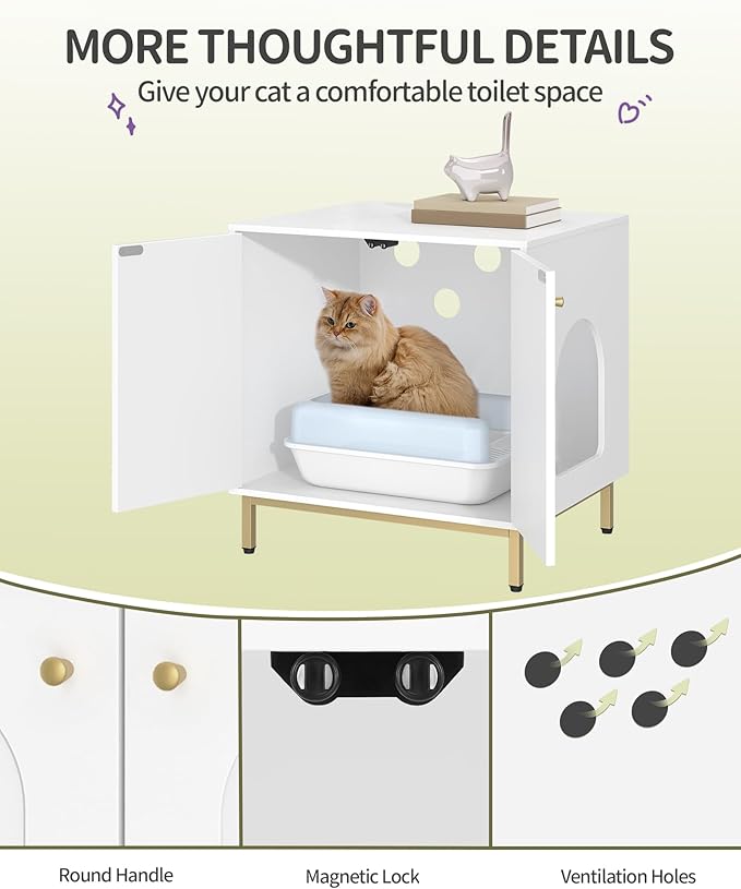 Cat Litter Box Enclosure, Hidden Litter Box Furniture Cabinet, Wooden Indoor Cat House, Side End Table, Living Room, Bedroom, White and Gold CB81203G