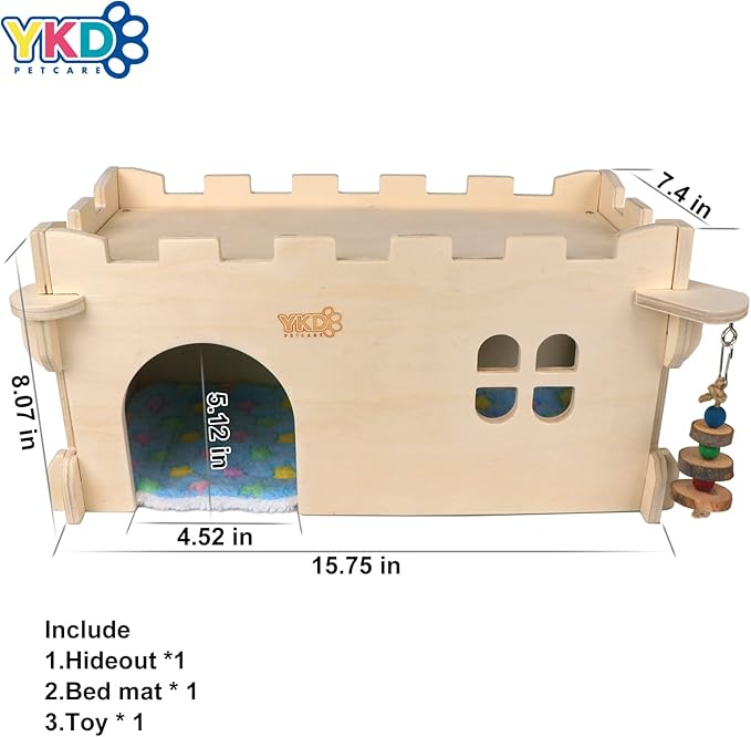Castle Chinchilla House, Small Animal Hideout for Chinchilla, Guinea Pig, Hedgehog, or Rat, Ventilated Wooden Guinea Pig Hut Habitat with Multiple Doors (Large)