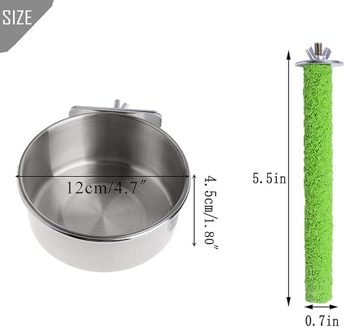 PINVNBY Parrot Feeding Dish Cups,Stainless Stee Bird Feeder Birds Food Water Bowls with Clamp Holder,Parakeet Cage Dish Perch Stand Toys(3 Pcs)